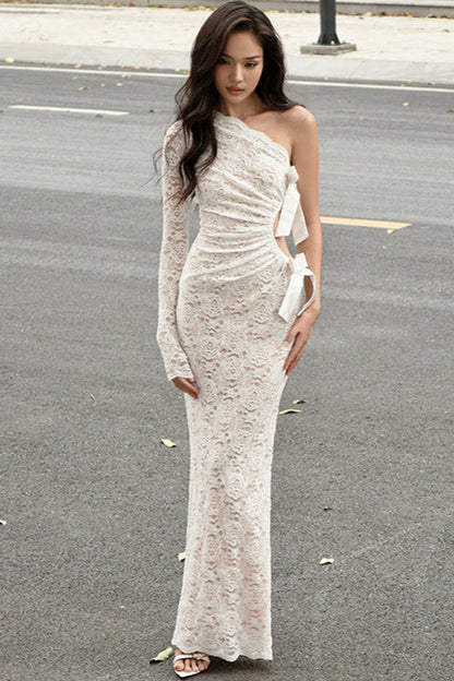 Lace Bowknot Hollow One-Shoulder Long Sleeve Maxi Dress