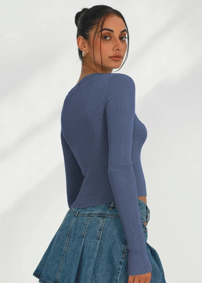 Indigo Ribbed Long-Sleeve Knit Top