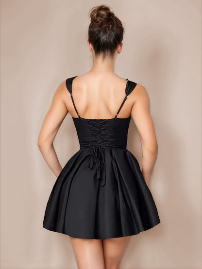 Little Black Dress Tie Front Lace Up Short Swing Dress