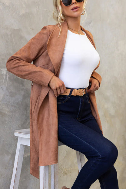 Collared Open Front Faux Suede Coat with Belt