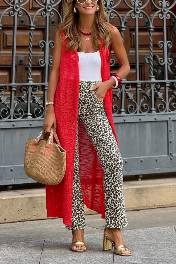 Coral Red Long Knitted Vest