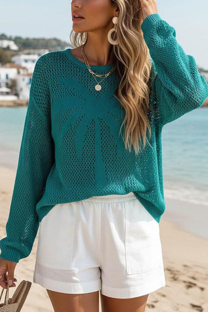 Coconut Tree Jacquard Loose Round Neck Long-sleeved Casual Knitted Cover-up