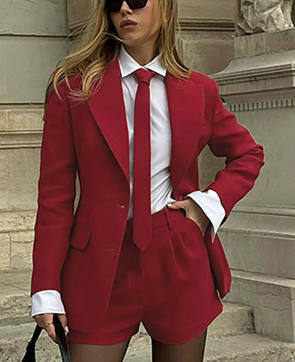 Red Pockets Tie Button Shorts Office Two Piece Set