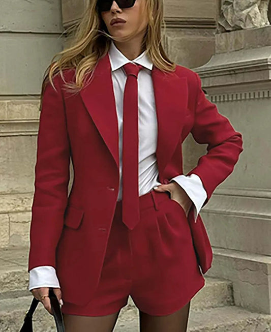 Red Pockets Tie Button Shorts Office Two Piece Set