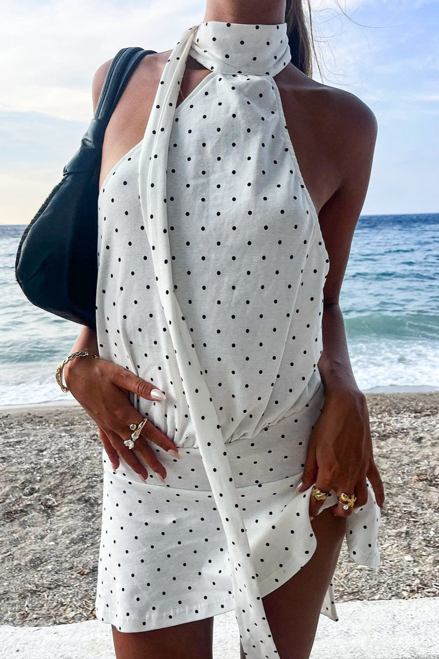 Polka Dot Halter Mock Neck Scarf Tie Draped Mini Dress