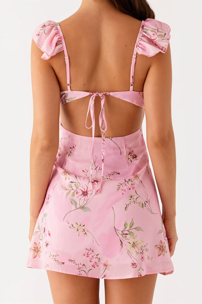 Floral Print Ruffle Trim V-Neck Bow Tie Cap Sleeve Fit and Flare Mini Dress
