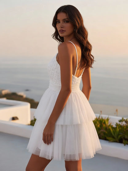 White V-Neck Mini Slip Dress With Flowers For Party 2026