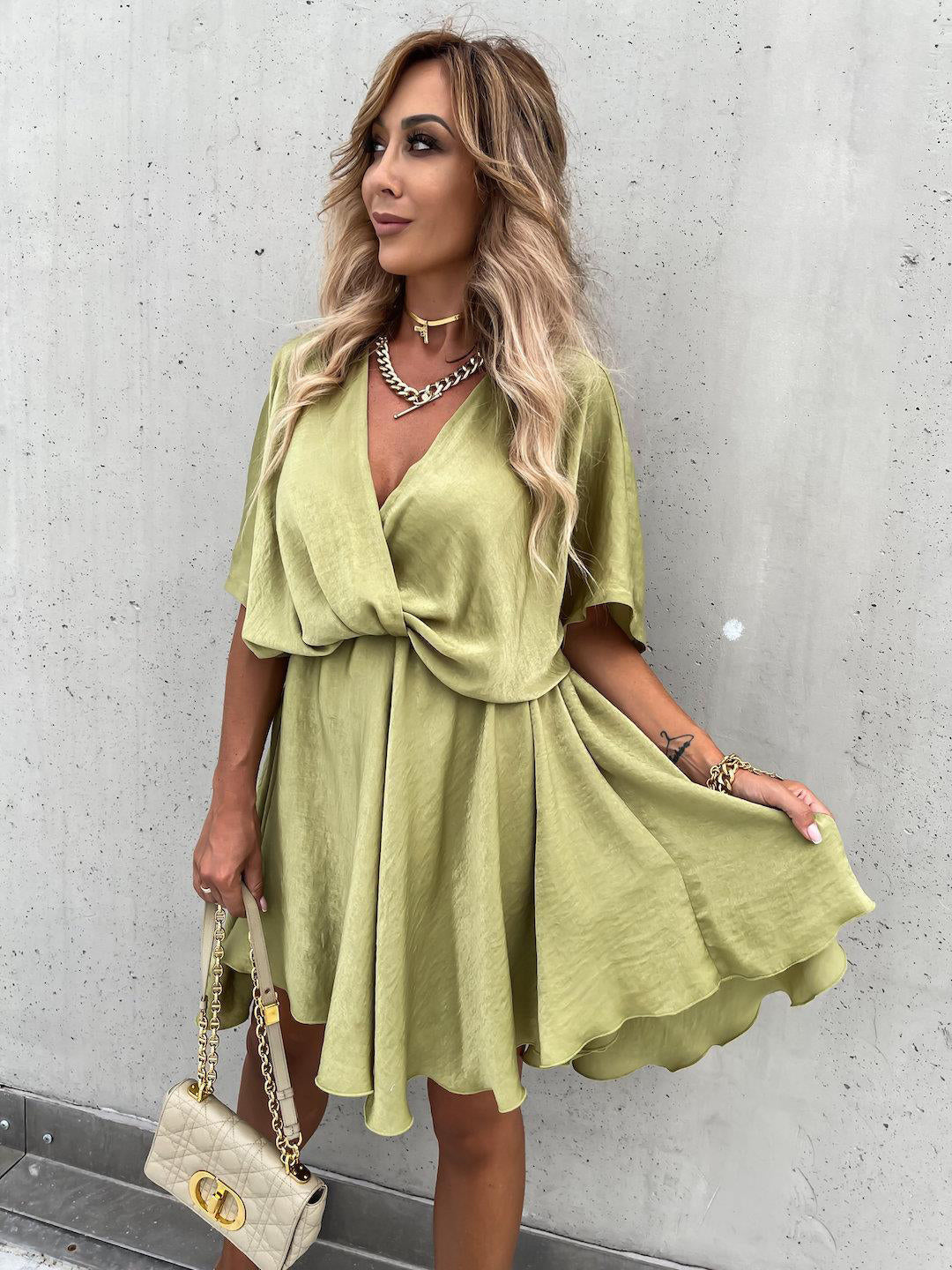 Satin Mini Dress for Women - Boho Wrap V Neck Short Sleeve Skater Dress - Summer Beach Party 2026