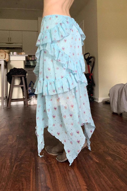 Sheer Floral Low Waist Asymmetrical Ruffle A Line Skirt
