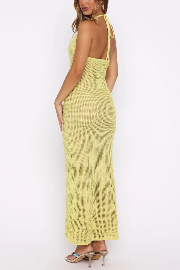 Solid Color Openwork Knit Backless Slim Fit Vacation Cover-up Maxi Dress