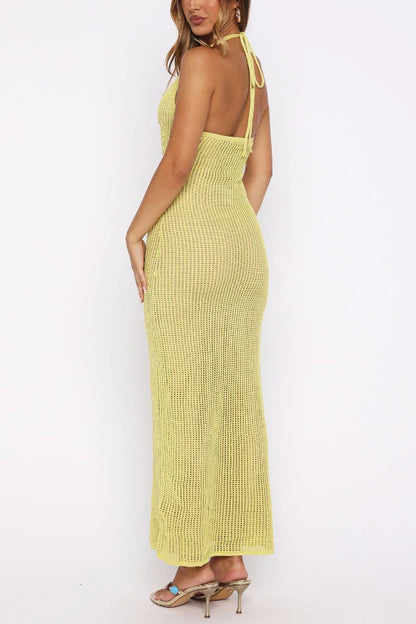 Solid Color Openwork Knit Backless Slim Fit Vacation Cover-up Maxi Dress