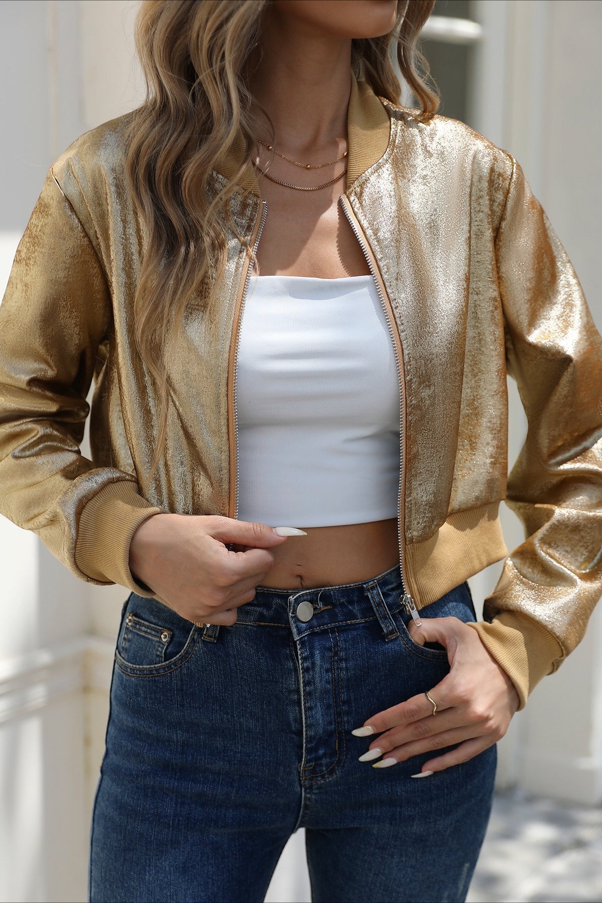 Shiny Foil Long Sleeve Zip Jacket