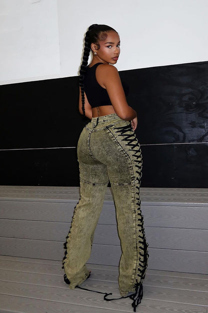 Drawstring Lace Up Denim Jeans