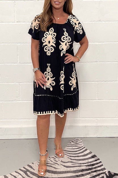 Vintage Print Round Neck Dress