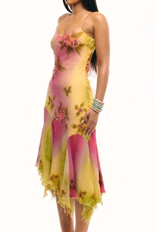 Floral Embroidered Spaghetti Strap Handkerchief Hem Midi Dress