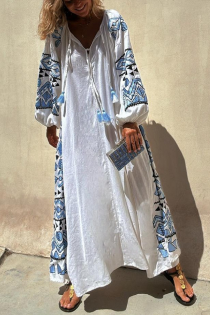 White Vintage Print Long Dress