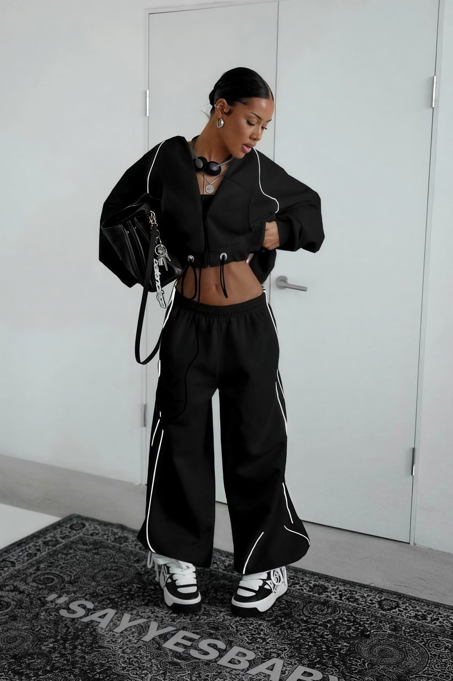 Color Block Striped Hooded Zipper Loose Two Piece Set