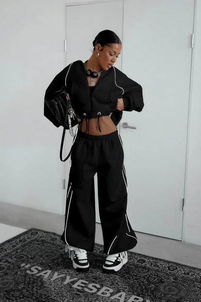 Color Block Striped Hooded Zipper Loose Two Piece Set