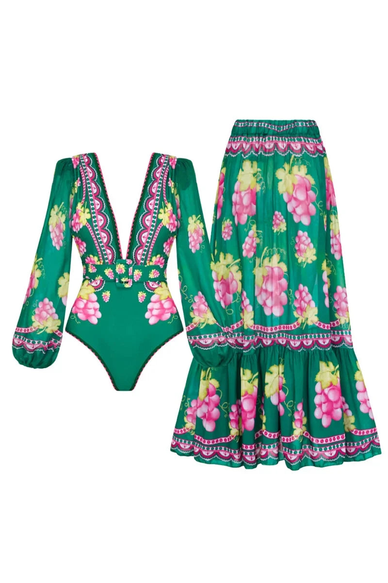 Deep V Retro Print Long Sleeve Swimsuit Set