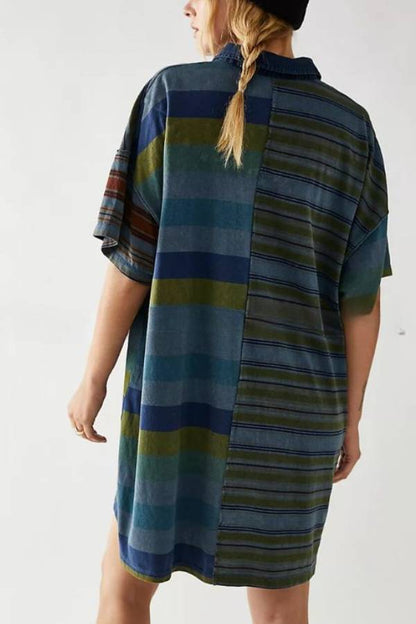 Mid-length Sleeve Lapel Contrast Striped Loose Casual Dress