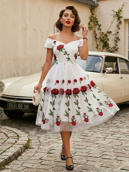 Rose Embroidered Vintage Midi Swing Dress for Women - 1950s Off Shoulder Style A-Line - Summer Tea Party 2026