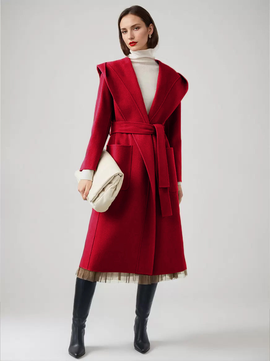 Wool Cashmere Blend Wrap Coat With Hood Double-Faced Camel Belted Winter Outerwear For Women 2026