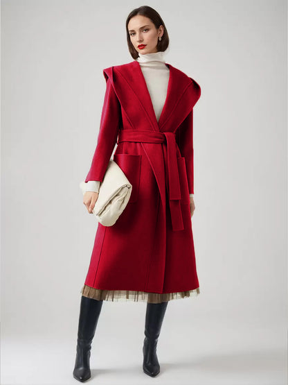 Wool Cashmere Blend Wrap Coat With Hood Double-Faced Camel Belted Winter Outerwear For Women 2026