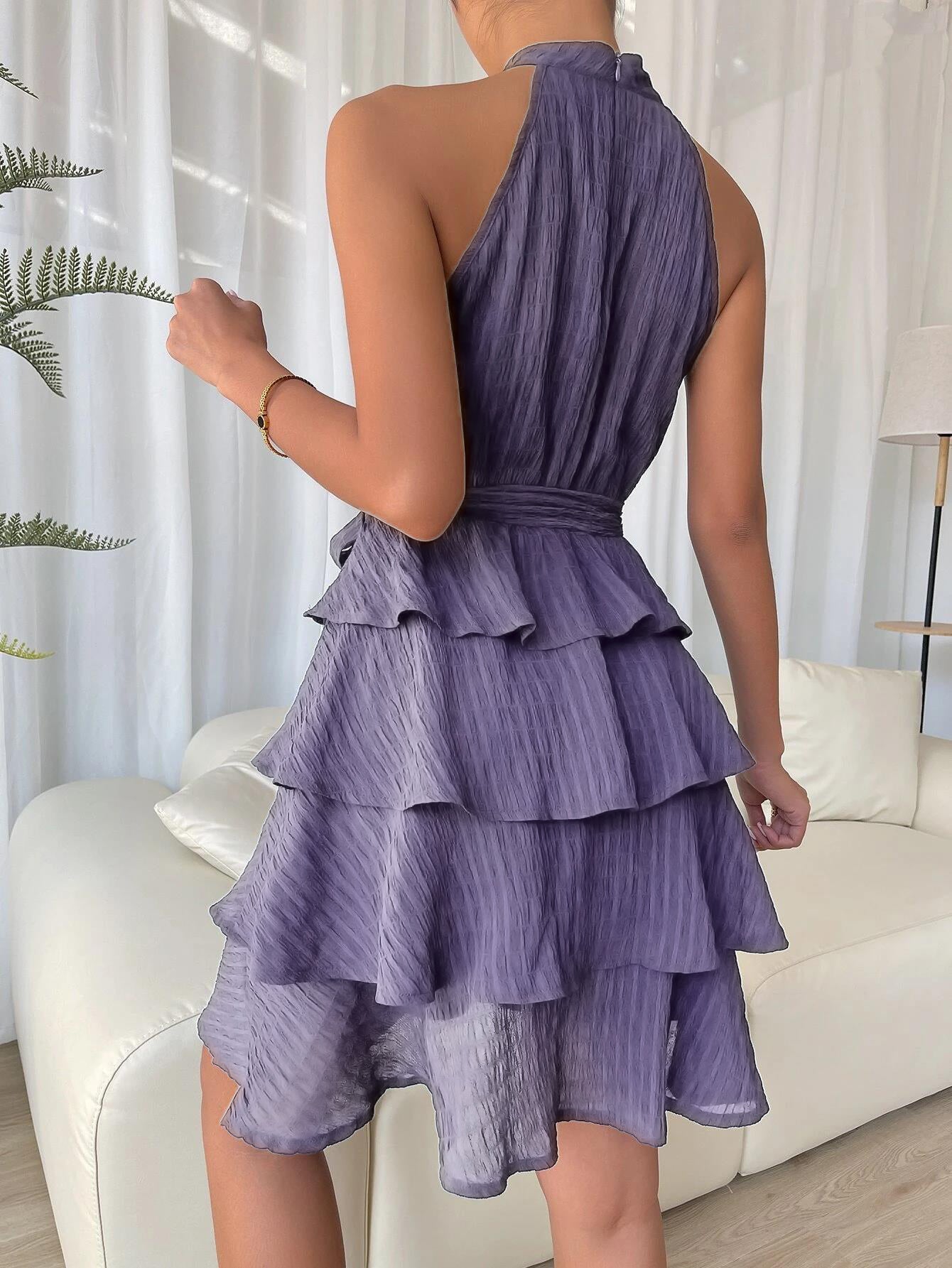 Halter Short Dress Sleeveless Pleated Belted Tulle Tiered Party Cocktail Dresses