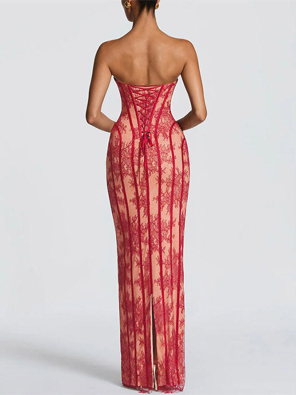 Date Night Dresses Bodycon Maxi Lace Sleeveless Backless Strapless Sexy Burgundy Dress