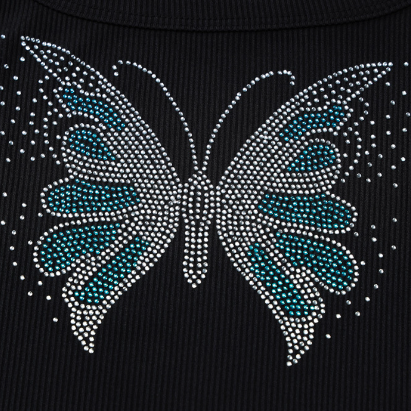 Beaded butterfly pattern u neck ribbed top