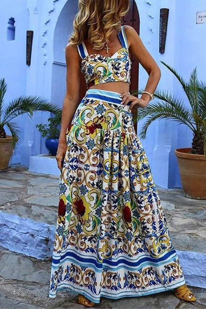 Beach Temperament Halter Print Dress Two-Piece Set