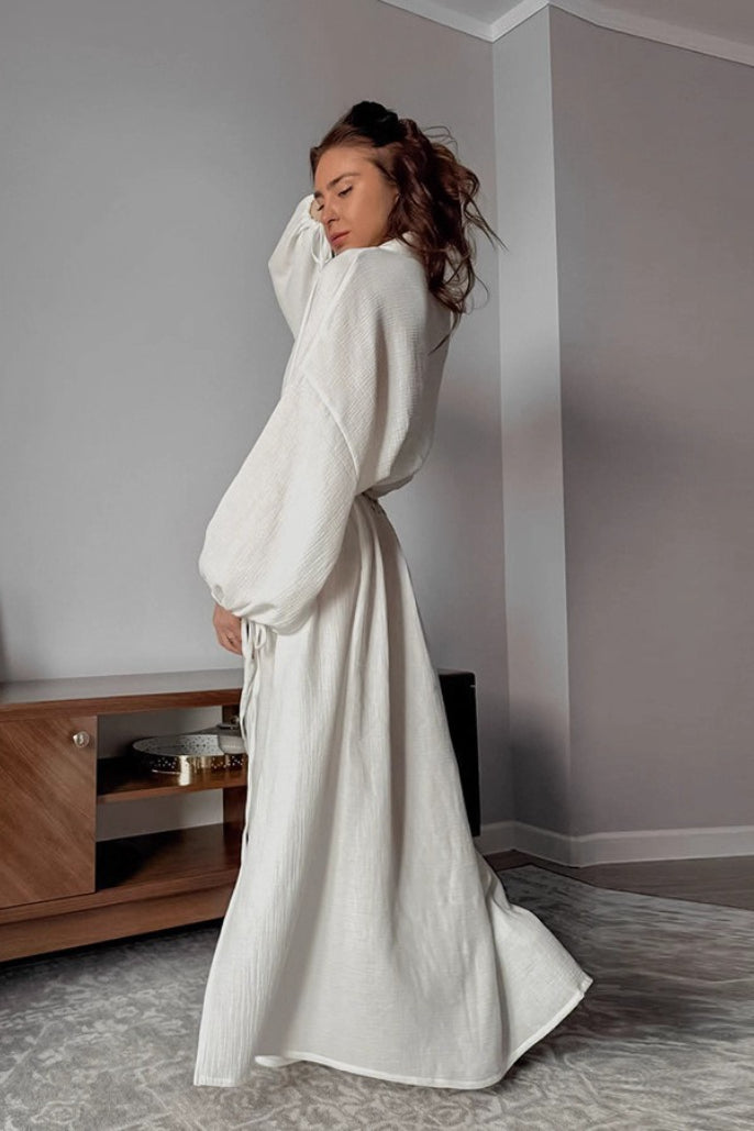 Cotton Cutout Tie Waist Long Sleeve Maxi Dress