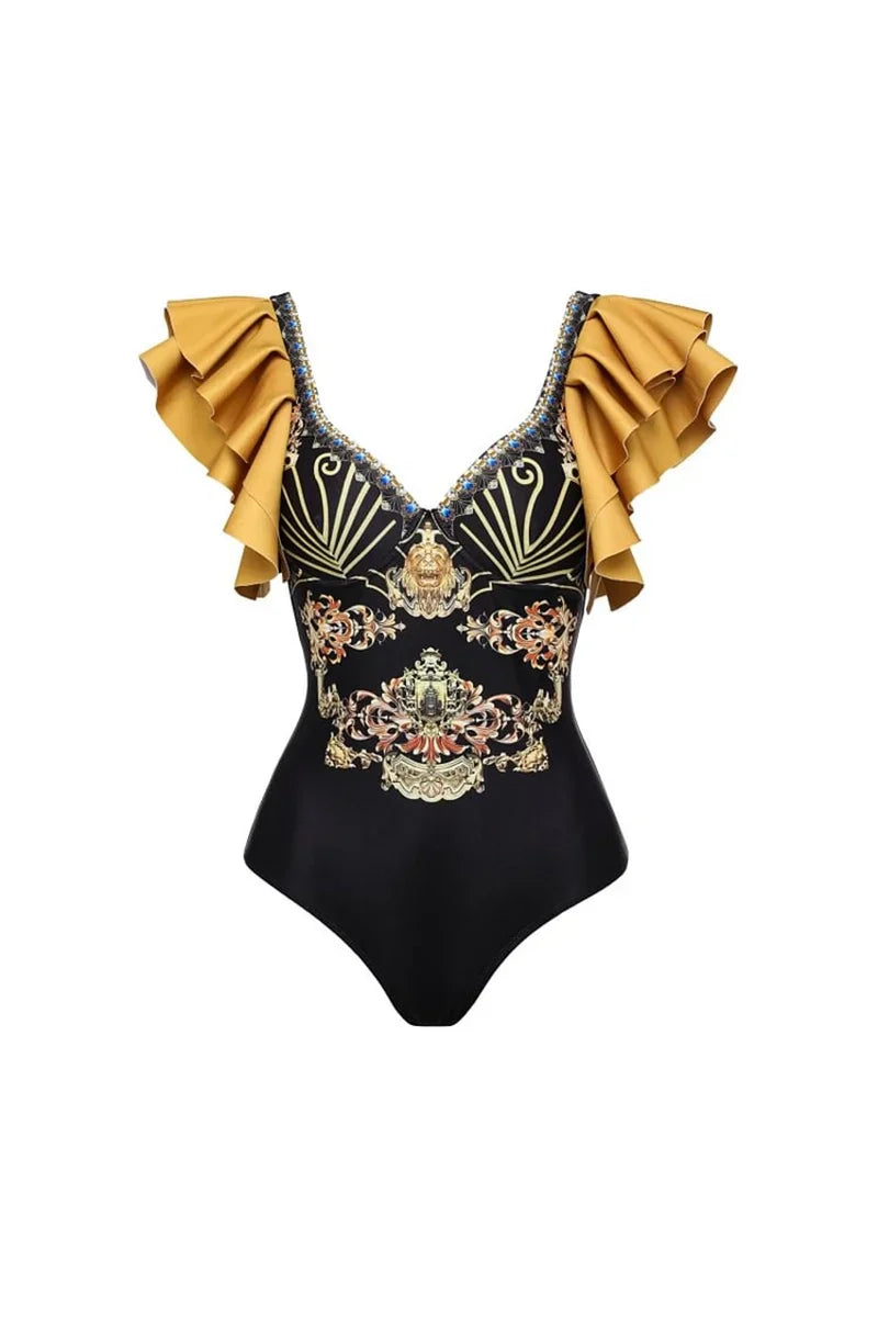 Black Gold Ruffle Swimsuit Set