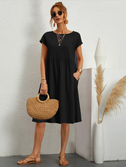 Short Sleeves Midi Shift Dress for Women - Minimalist Solid Color Loose T-shirt Dress with Pockets - Summer Daily Casual 2026