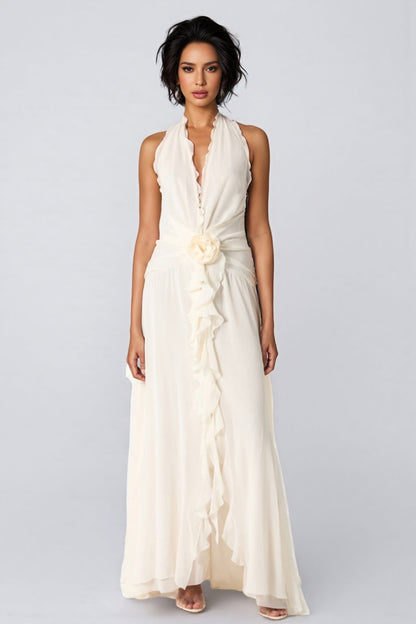 Varyf White 3D Flower Ruffled Maxi Dress