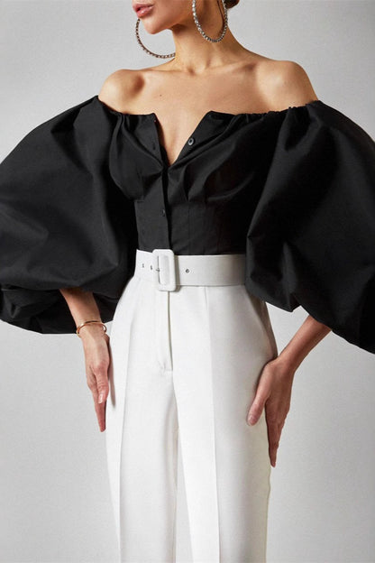 Elegant Puff Sleeve Cold Shoulder Blouse