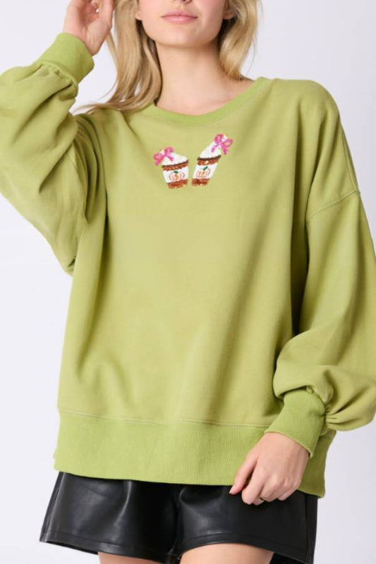 Halloween Coffee Sequin Top Loose Casual Sweatshirt