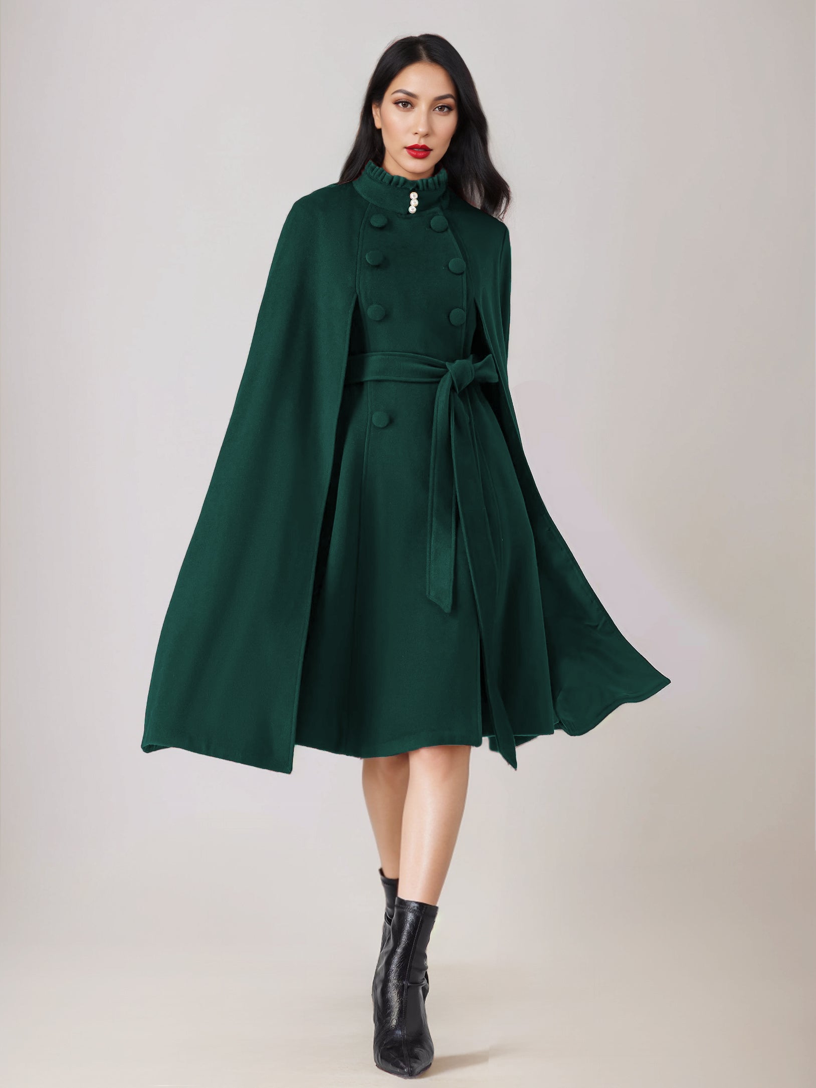 Wool Blend Cape Coat For Women Stand Collar Dark Navy Belted Oversized Poncho Outerwear 2026