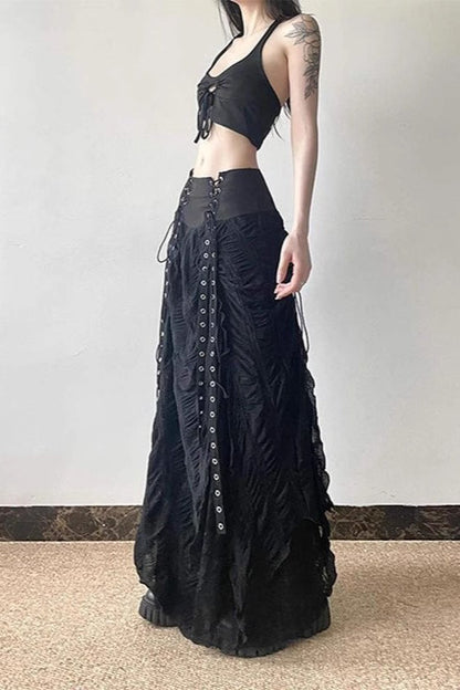 Y2K Goth Lace-Up Paneled Patchwork Maxi Skirt