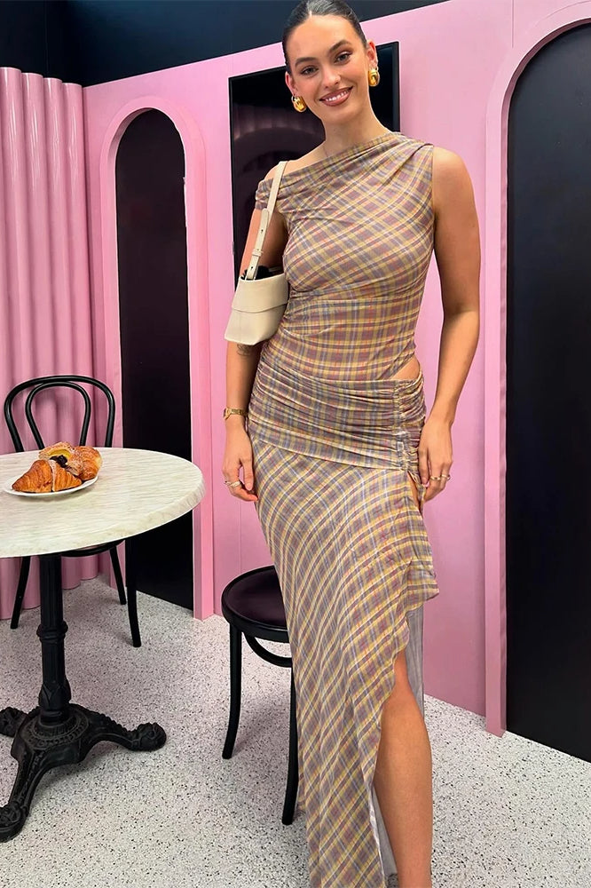 Asymmetric One-Shoulder Plaid Mesh Ruched High Slit Maxi Dress
