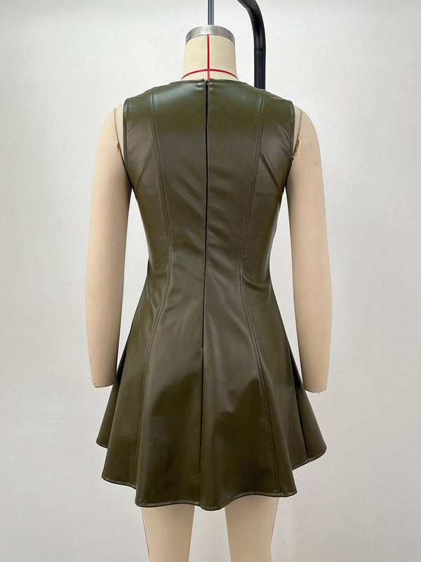 Sleeveless Olive Faux Leather Paneled Pleated Fit And Flare Mini Dress For Women 2026
