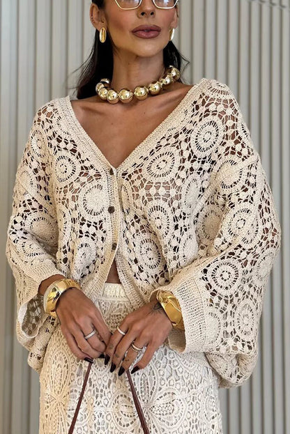 Anina Knit Crochet Cutout Button Up Batwing Half Sleeve Loose Cover-up Top