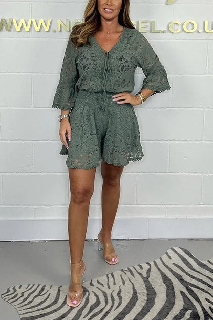 Emilee Lace Tie Neck Bell Sleeve Top and Elastic Waist Loose Shorts Set