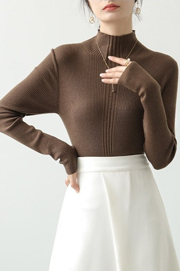 Elegant Apricot Mock Neck Long-Sleeve Pullover Knit Top