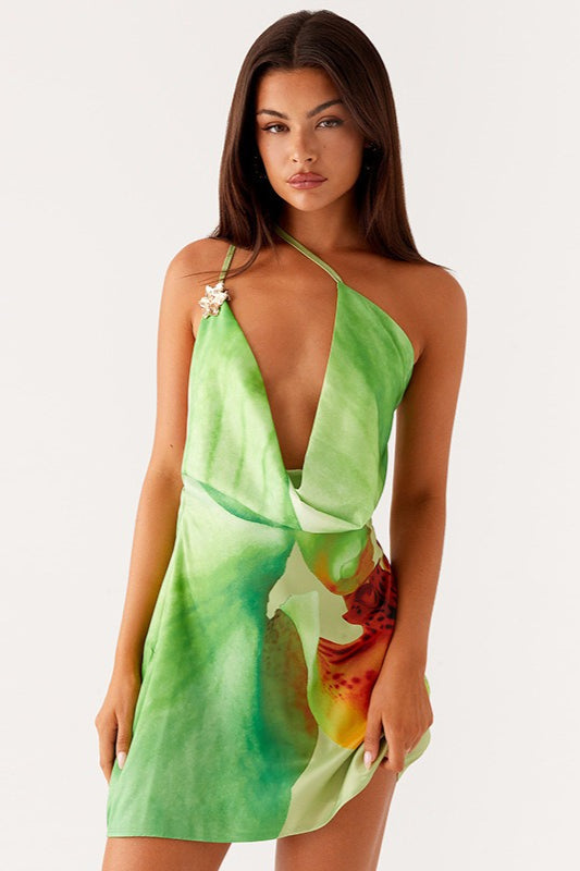 Tropical Floral Print Cowl Neck One Shoulder Bodycon Mini Dress