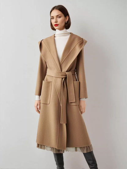 Wool Cashmere Blend Wrap Coat With Hood Double-Faced Camel Belted Winter Outerwear For Women 2026