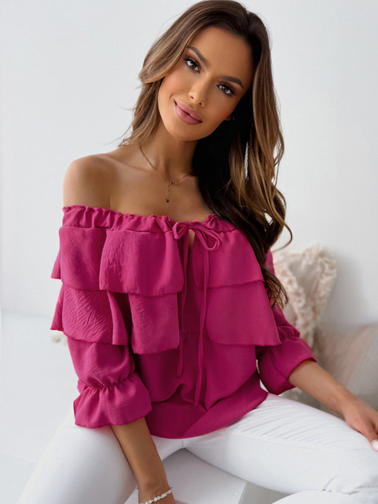 Long Sleeves Tees White Ruffles Bateau Neck Women T Shirt