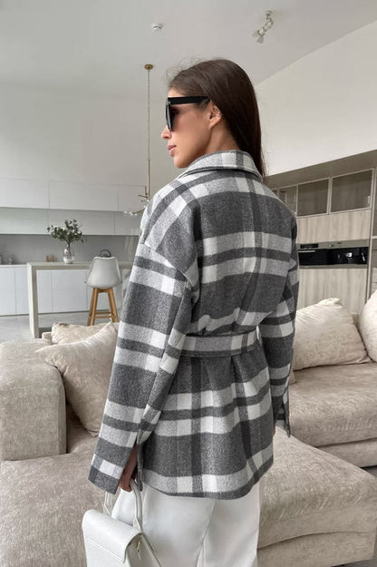 Woolen Plaid Belted Chic Thick Coat