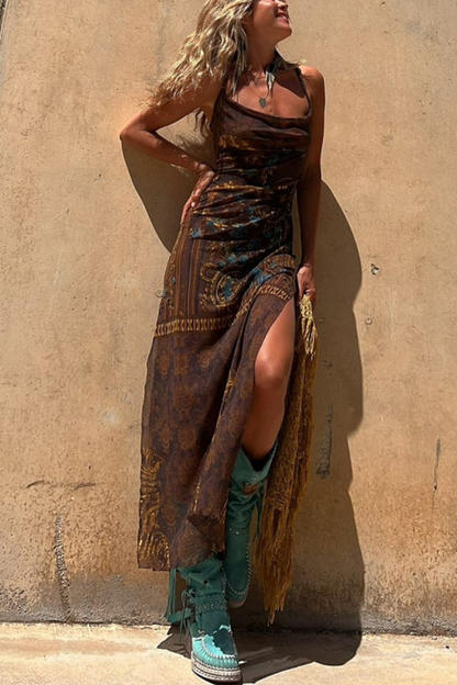 Sexy Sleeveless Printed Elastic Slit Suspender Mesh Dress