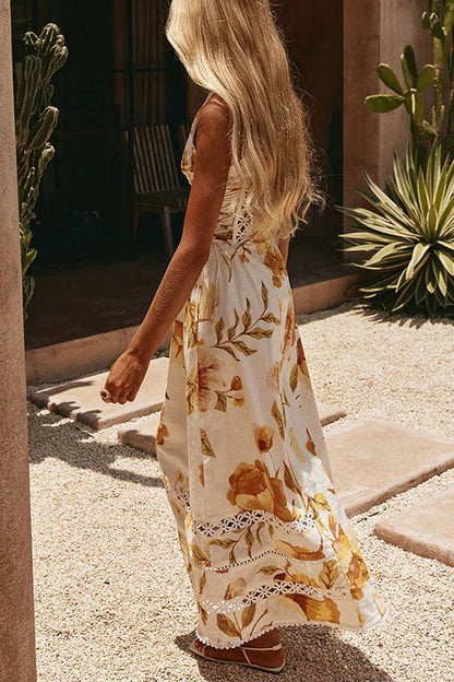 Clover Linen Blend Floral Print Cutout Trim Button Up Side Lace-up Maxi Dress